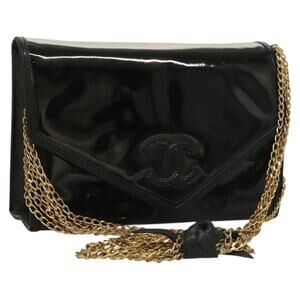 Chanel Chain Shoulder Bag Enamel Black Gold CC